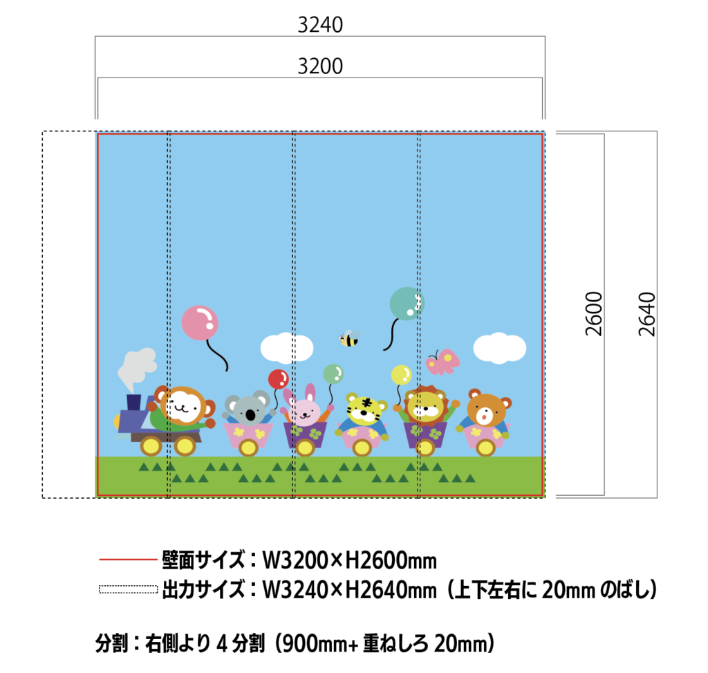 壁紙の出力サイズ。施工の始点を基準に920mmずつ分割されます。
